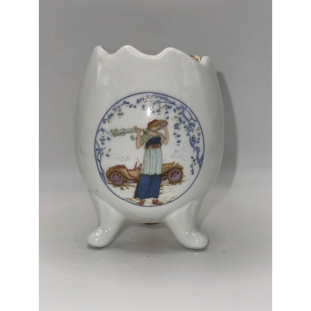 Vintage Bone China Egg Vase Tripod Footed Gold Trim Lady with Classic Car 3"
